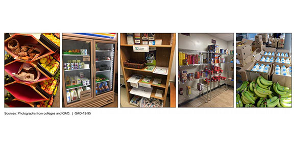 Five separate images of food and supplies on shelves or in boxes from colleges and the Government Accountability Office (GAO)
