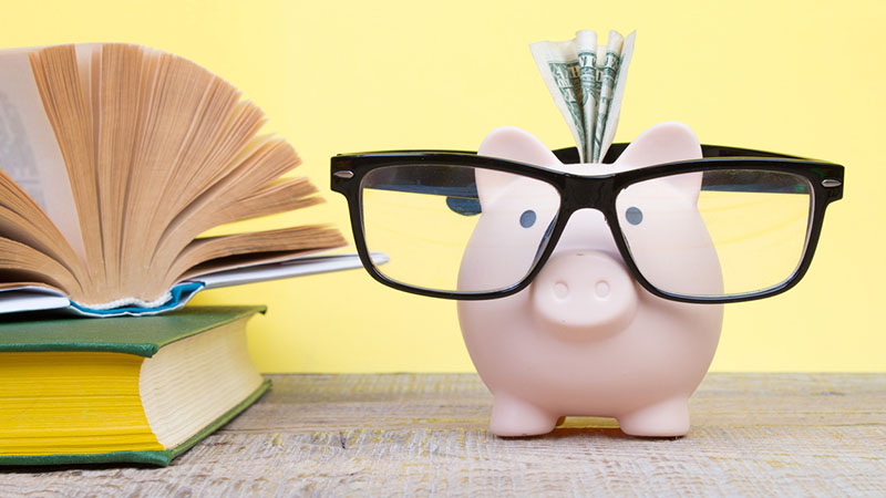 A piggy bank figure wearing large glasses