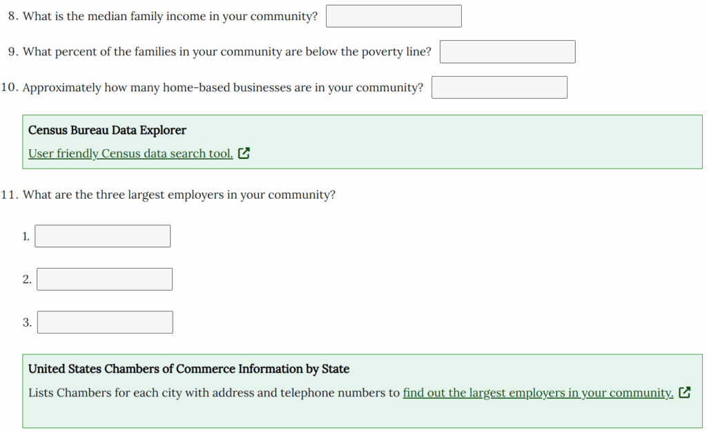 A screenshot of the community analysis survey form questions 8-11 with resources included.