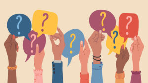 Cartoon image of many hands holding up question mark thought bubbles