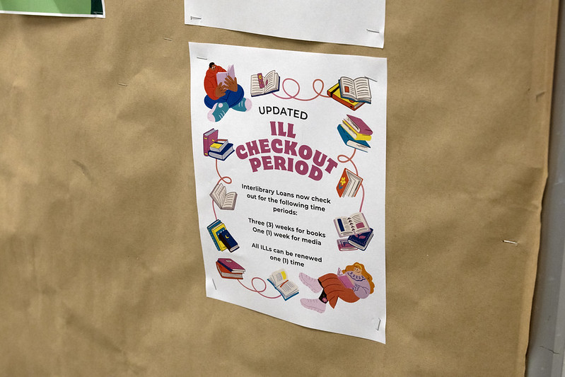 54622852116_6d862bd26c_c (1) A sign about interlibrary loan checkout periods.