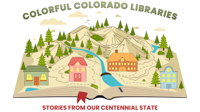A story book open with a Colorado landscape and library buildings inside.