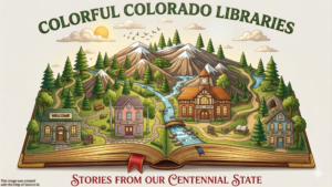 A photo of an open book containing a Colorado landscape with four libraries surrounded by nature. This image was created with the help of Gemini AI.