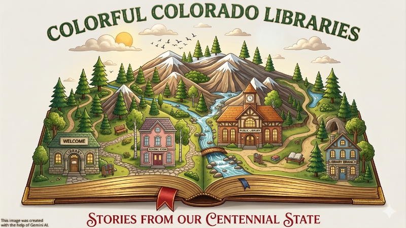 CCL-AI (800 x 450 px) A photo of an open book containing a Colorado landscape with four libraries surrounded by nature. This image was created with the help of Gemini AI.