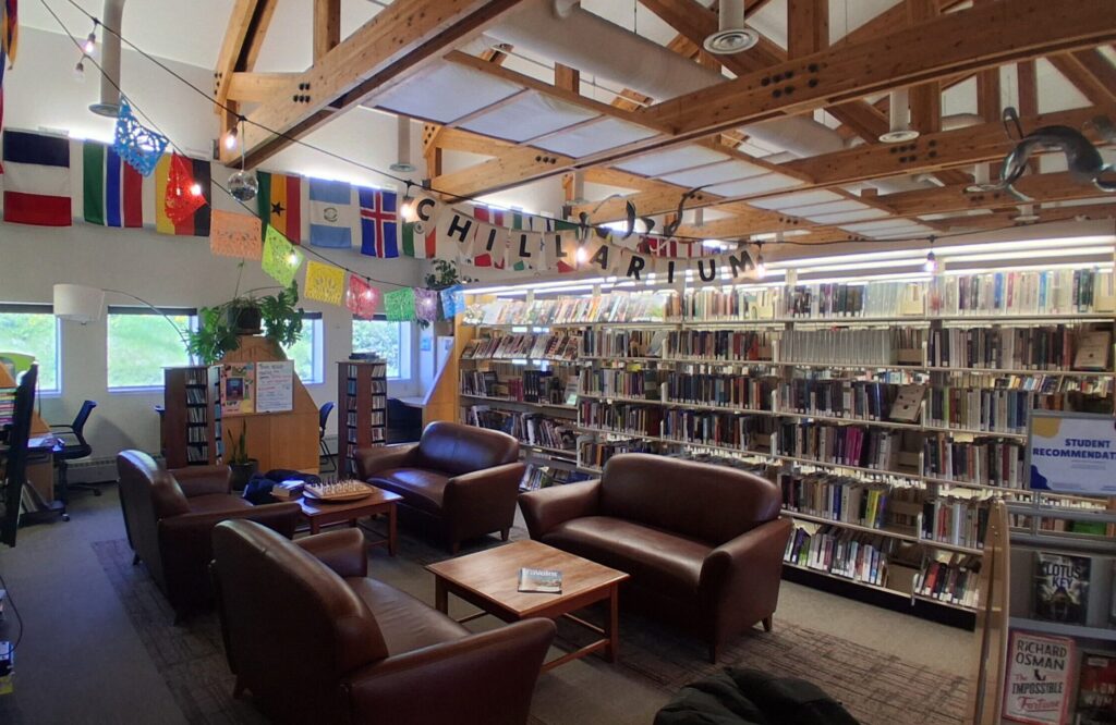 The library's "Chillarium" with comfy chairs, relaxing lighting, and games.